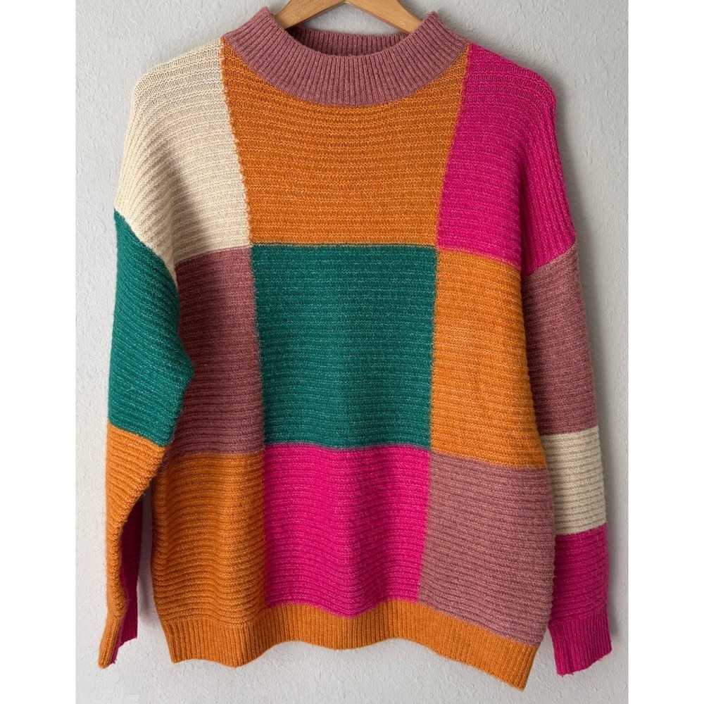 BiBi Womens Patchwork Colorblock Knit Sweater Small Boho Eclectic Maximalist